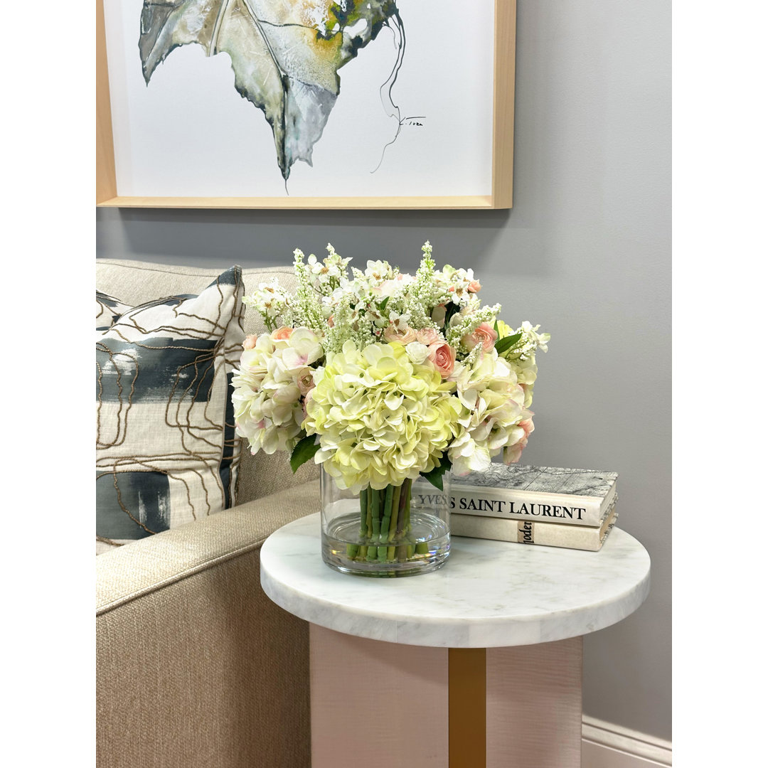 Hydrangea, Ranunculus, and Cherry Blossom Floral Arrangement in Vase